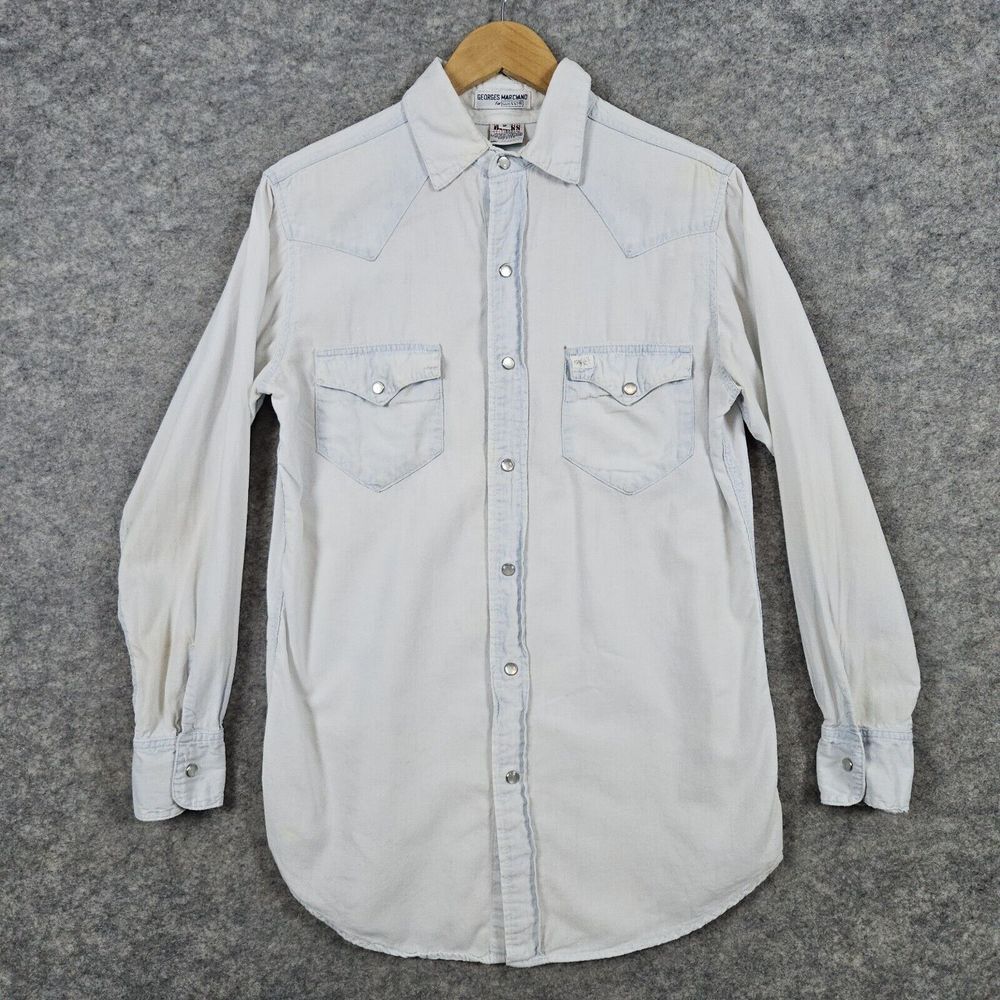 Georges Marciano Guess Women's Pearl Snap Size 2 Shirt Light‎ Blue YELLOWING